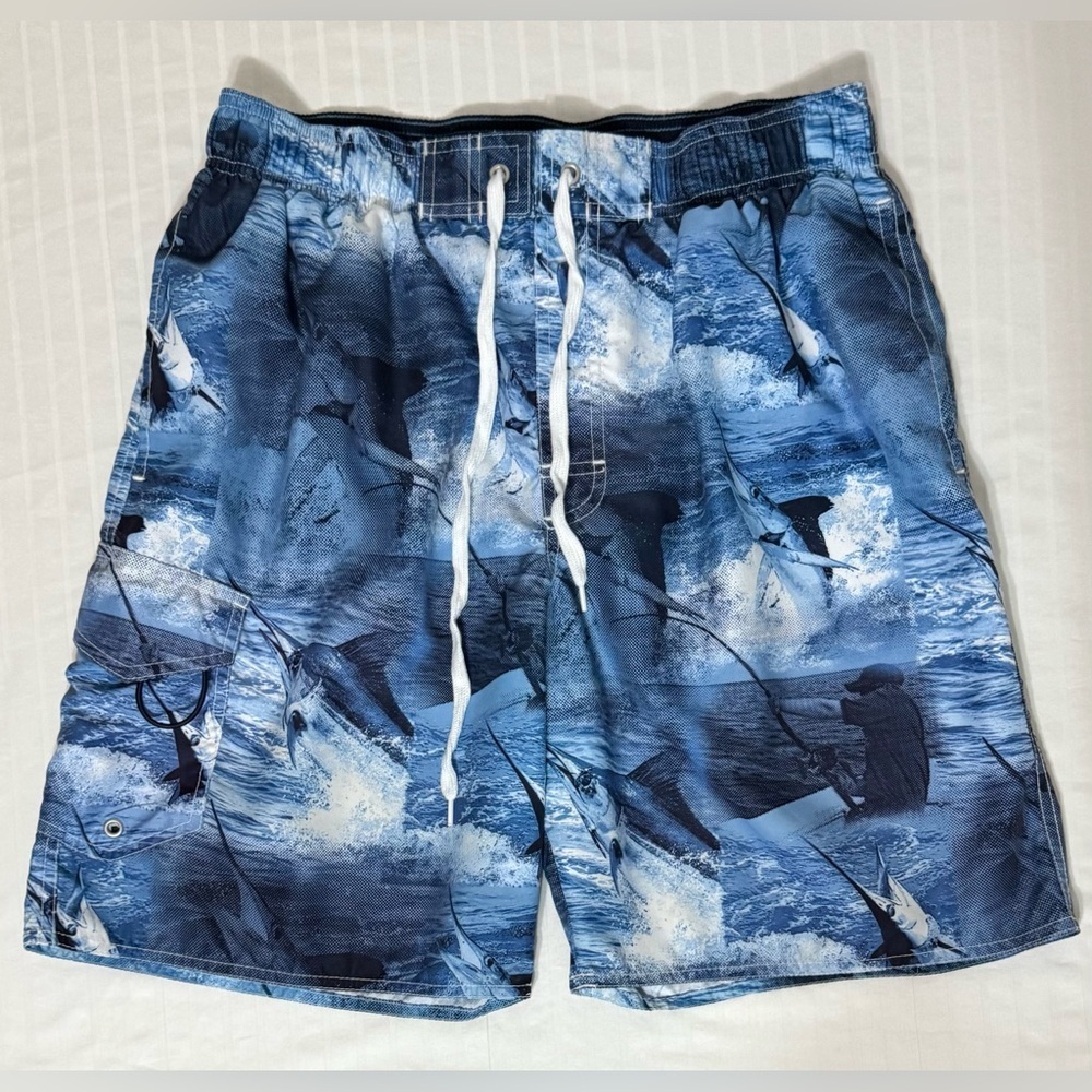 Reel Legends Men's Swim Trunks Sorts Fishing Sword Fish Blue White Medium